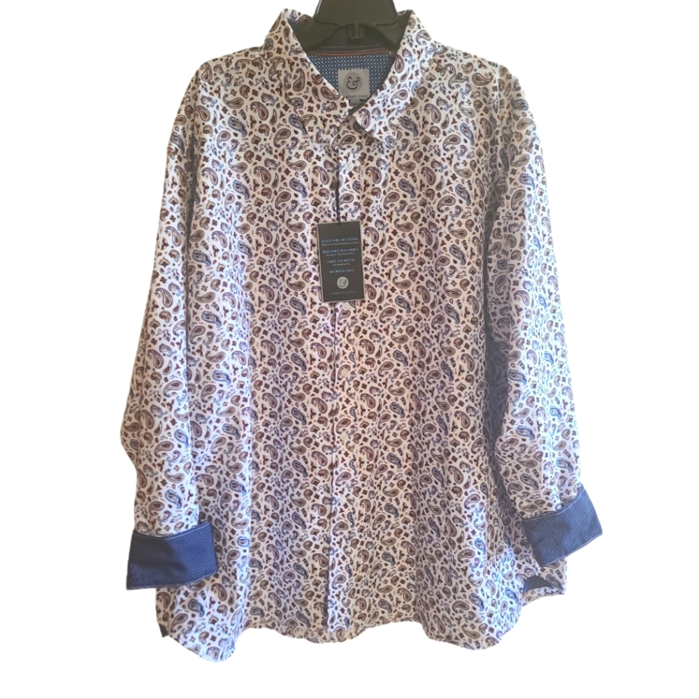 Men's Paisley Dress Shirt - White and Brown - 3XL - Picture 2 of 12
